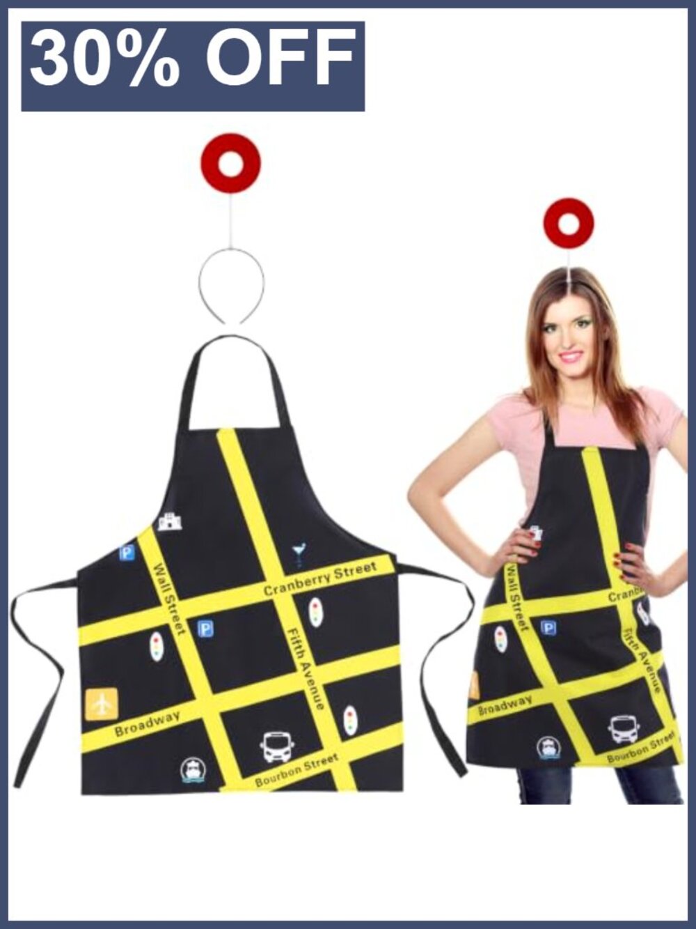 2 Pc Funny Map Apron Set with Landmark Headband Polyester Adjustable